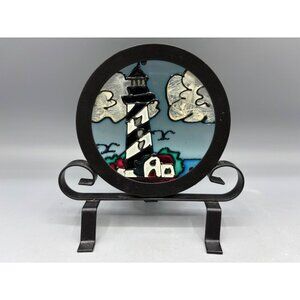 Stained Glass Lighthouse Tea Light Holder Black‎ Metal Stand Coastal Decor